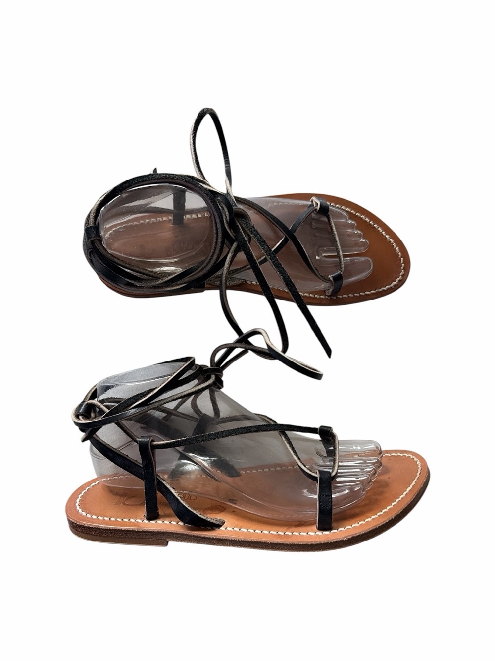 K. Jacques Black Leather Lace-Up Flat Sandals Beach Vacation Resort 9